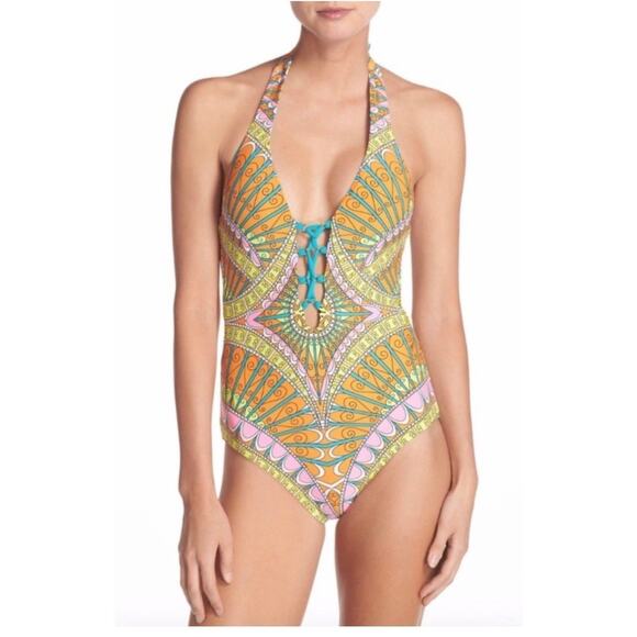 Trina Turk Women’s Capri Printed Lace Up Front One Piece Swimsuit Size 10 READ - Picture 1 of 9